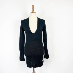 Vintage y2k black long deep v neck wool sweater or dress BCBGmaxazria Medium